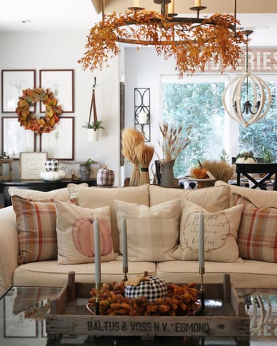 Fall Living Room decor with plaid pumpkins and pompus grass accent