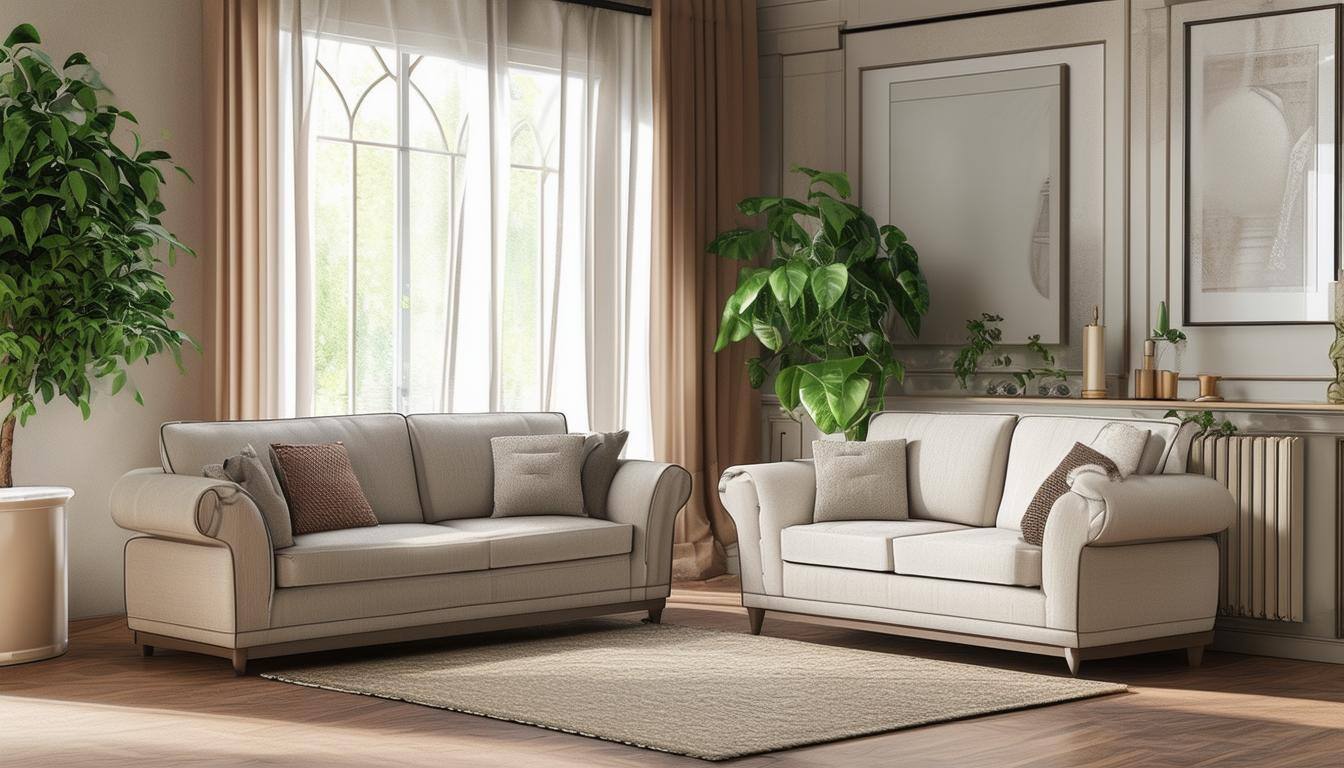 a sofa and loveseat set in a cozy living room angled