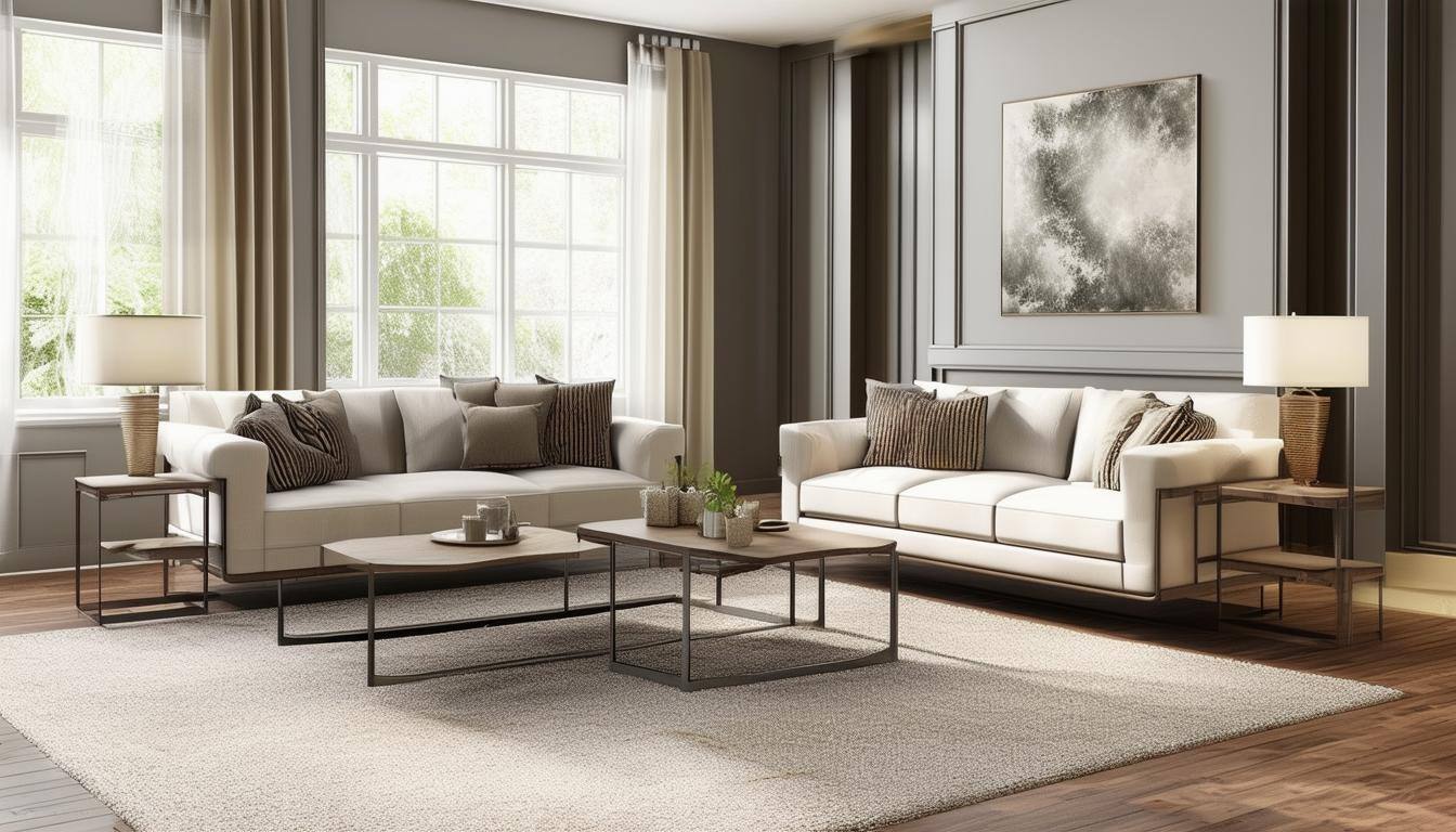 a sofa and loveseat set in a cozy living room with coffee tables