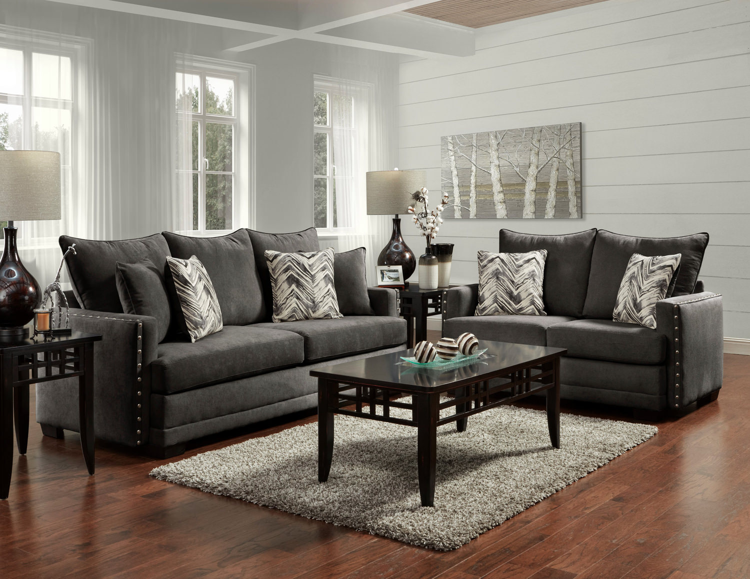 fabric loveseat and sofa in living room