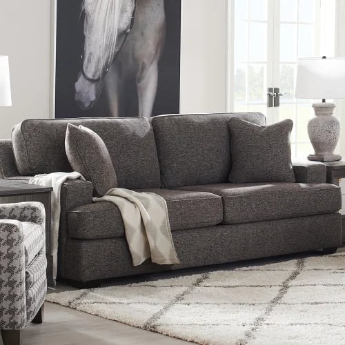 grey fabric paxton sofa in living room