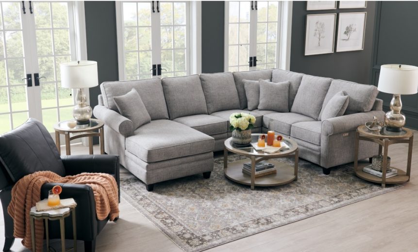 grey fabric sectional in decorated living room