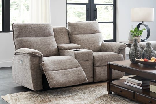 la-z-boy fabric reclining loveseat in living room