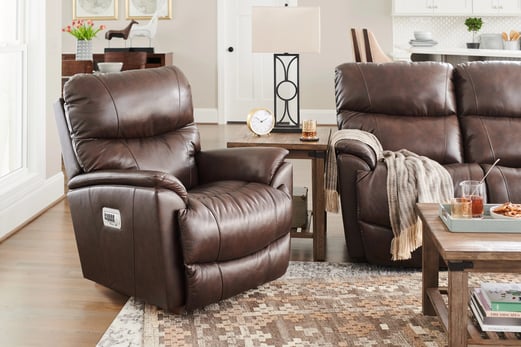 leather pinnacle power recliner on rug in living room