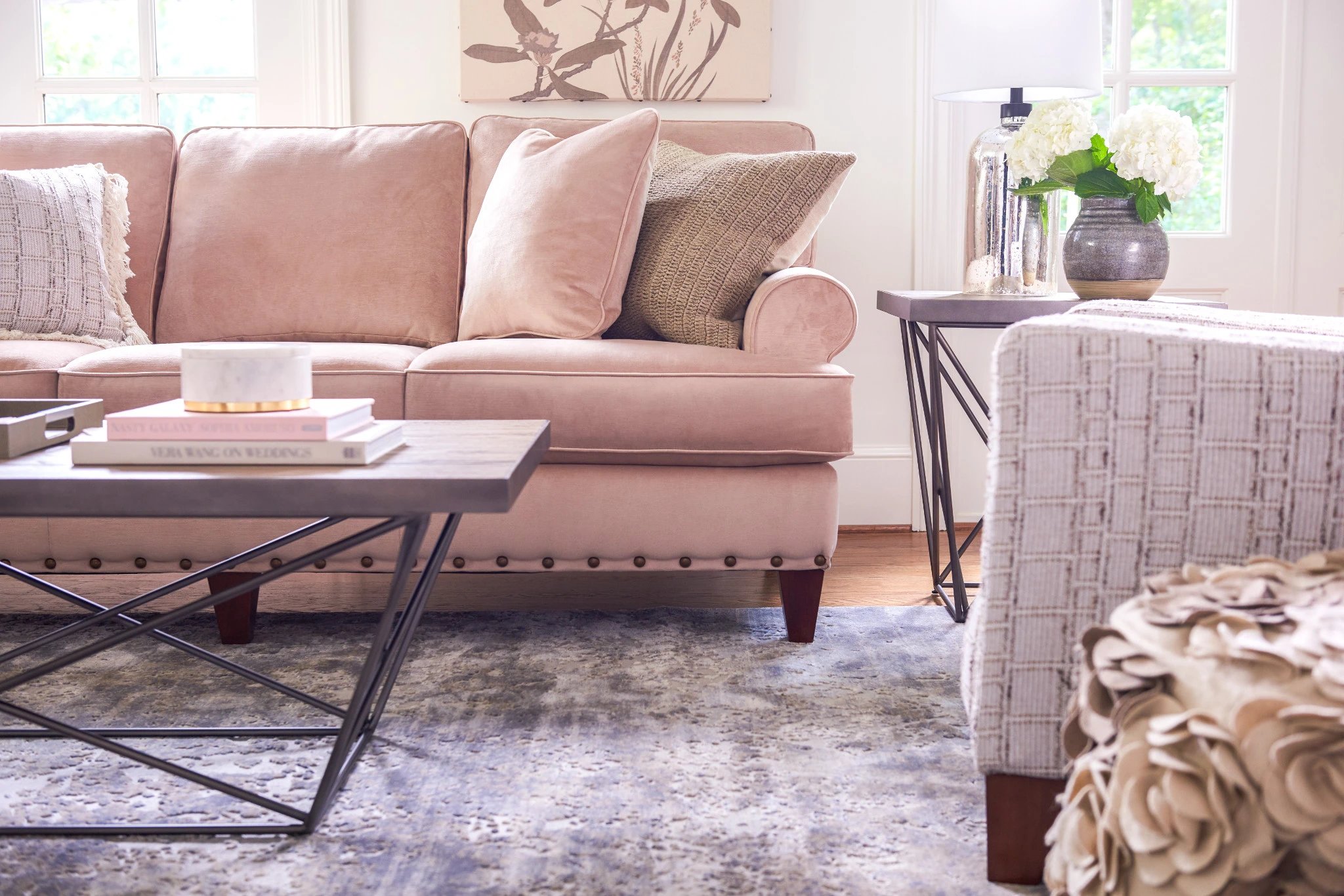 pink fabric sofa in living room