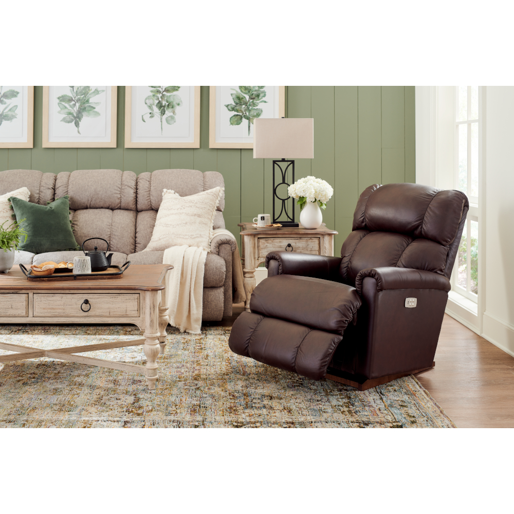 brown leather pinnacle recliner with cream pinnacle sofa